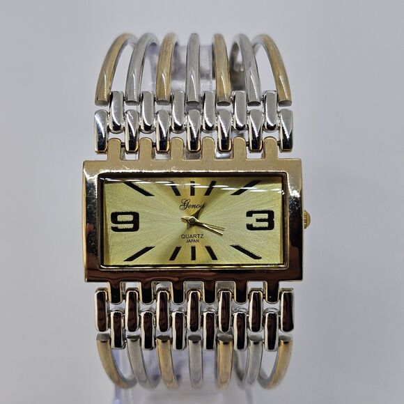 Geneva Watch Women 40MM Gold Dial Gold Gray Tone Bracelet Band 7.5" New Battery - Picture 1 of 15